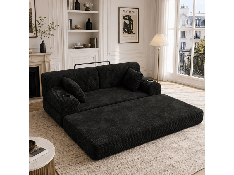  Canapé convertible, canapé-lit, 2 places, en velours, noir, poches latérales, porte-gobelets, format compressé, structure métallique  - Conforama A