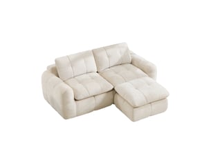 Canapé d'angle en l 2 places sans cadre, conception modulaire, base antidérapante, housse chenille beige, sans montage, 1 pouf