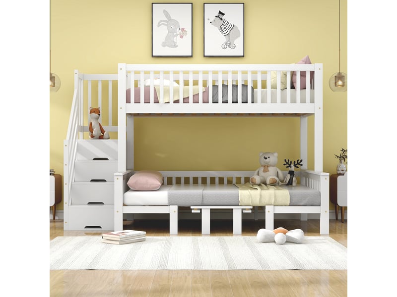  Lit superposé 90x200120x200 cm avec table réglable et escalier de rangement, blanc sécurisé  - Conforama B