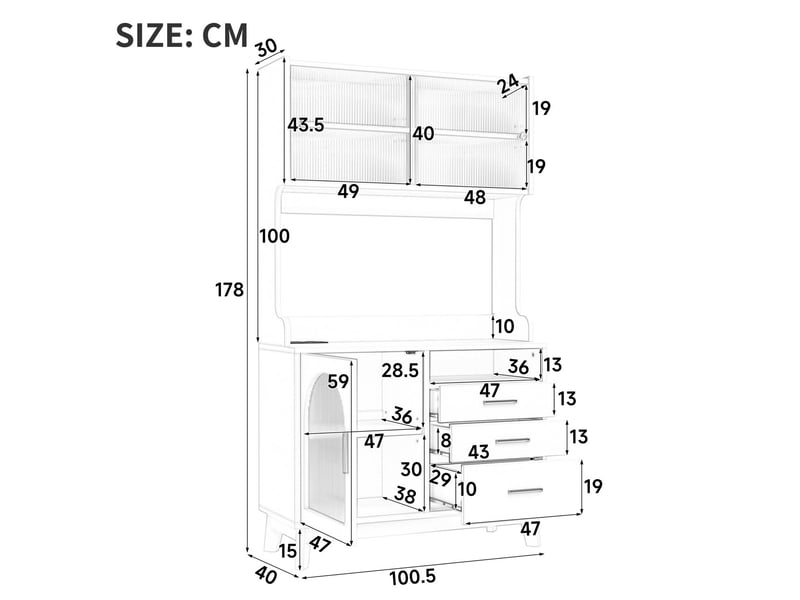  Buffet haut 100.5x40x178 cm - rangement multi-niveaux - prises et usb-ausb-c intégrés - façade acrylique ondulée - blanc  - Conforama C