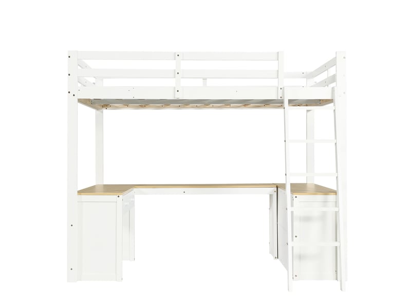  Lit mezzanine 140x200 cm, lit enfant avec bureau d'angle en u et rangement, en bois de pin et mdf avec 2 tiroirs et étagères, blanc et naturel  - Conforama D