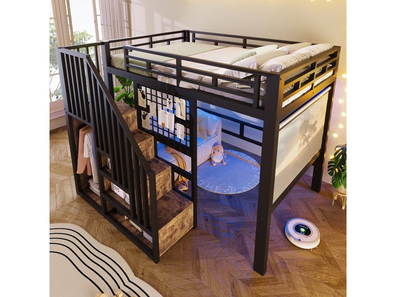 Lit mezzanine 140x200 cm noir en métal, avec escalier rangement, led, grille et penderie, sans matelas - Conforama E