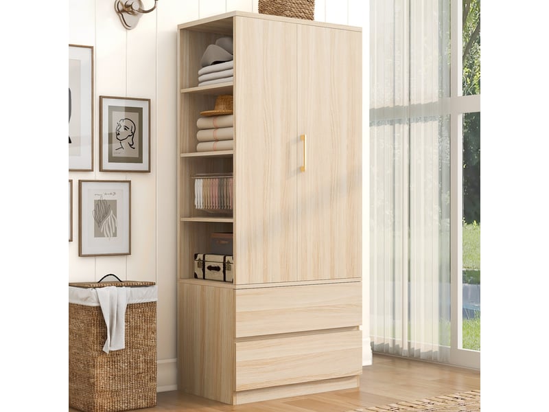 Armoire multifonction avec penderie, grand tiroir 2 niveaux, étagères ouvertes, 1 porte, 70x50x175cm, bois - Conforama D