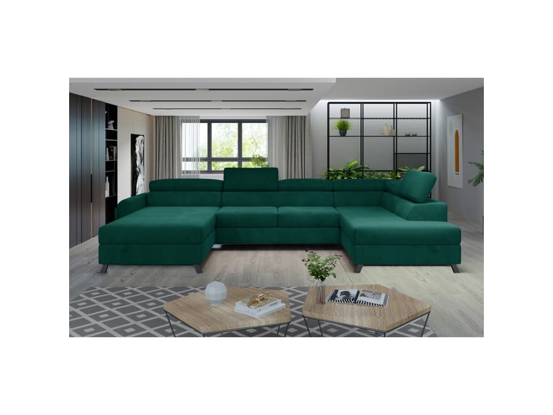  Canapé panoramique vert foncé 5 places angle droit repos quotidien clotis  - Conforama A