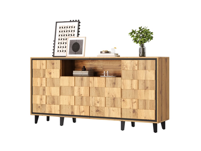  Buffet 160x35x76cm avec 4 portes et niche ouverte, façade texturée sans poignées, meuble de rangement pour salon et entrée, naturel evarich - Conforama A