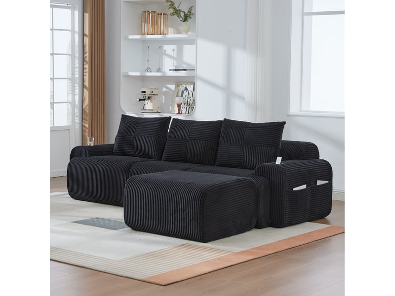  Canapé modulaire 3 places 268x174x80 cm, velours côtelé noir, assise généreuse, poche latérale, porte-gobelet, pouf inclus  - Conforama B