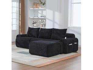 Canapé modulaire 3 places 268x174x80 cm, velours côtelé noir, assise généreuse, poche latérale, porte-gobelet, pouf inclus