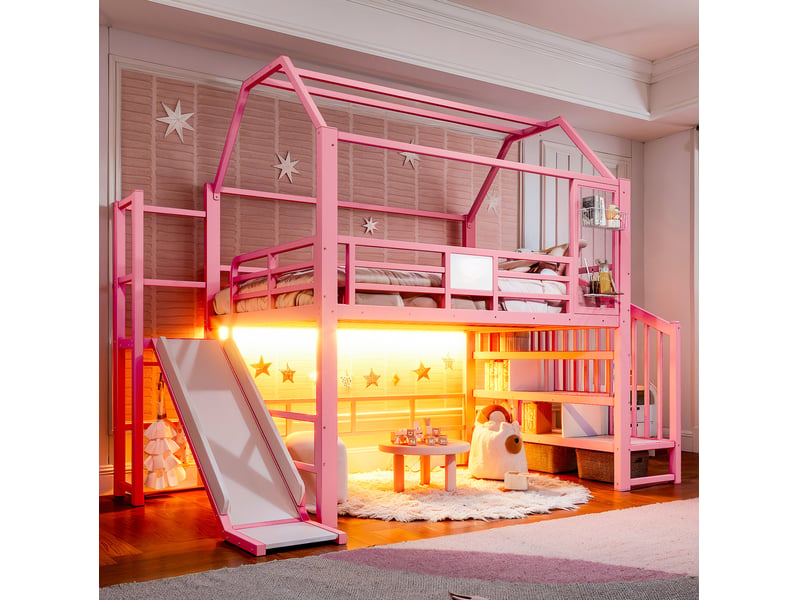 Lit mezzanine enfant 140x200 avec toboggan et led bluetooth evryae - Conforama D