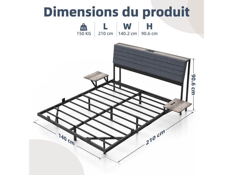  140x190cm-led-plateau de table pour tête de lit-cadre de lit tapissier- lit double-led-usb-type-c, gris  - Conforama B