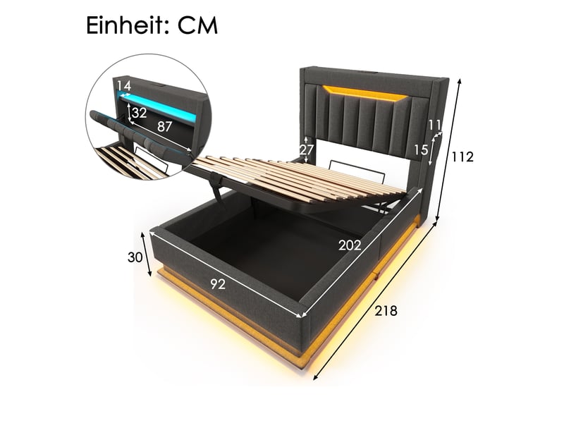  Lit coffre, lit enfant 90x200 cm, rangement hydraulique, tête de lit avec rangement, led tête et pied, lin gris, matelas inclus  - Conforama C