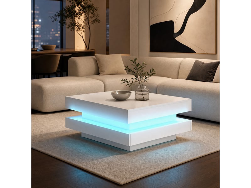  Table basse carrée 70x70x36 cm led bluetooth panneau de particules blanc  - Conforama D