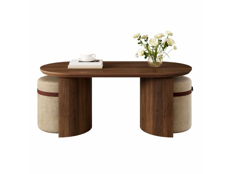 Ensemble table basse ovale et 2 poufs, effet noyer, 108 x 50 x 44 cm  - Conforama A