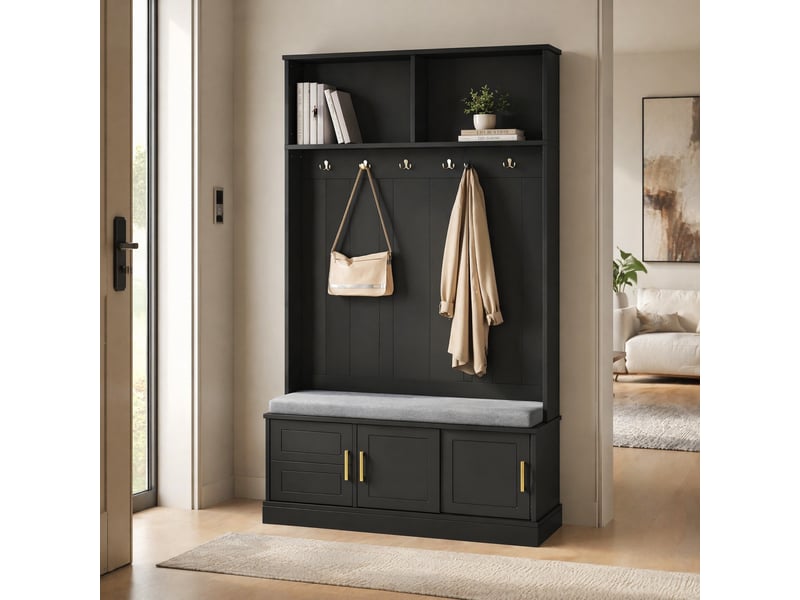  Meuble d'entrée avec banc, range-chaussures, étagère et 6 crochets triples pour couloir, noir, 120 × 40 × 191 cm  - Conforama C
