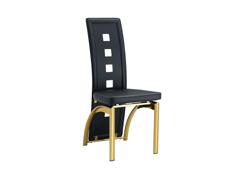  Ensemble table et 4 chaises de salle à manger, verre trempé et cuir régénéré noir, structure dorée moderne  - Conforama A