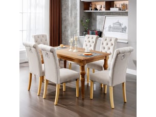 Chaise de salle à manger lot de 6 à dossier courbé  - assise à ressorts, pieds en chêne, velours beige