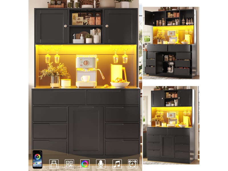  Armoire de cuisine haute noire 120x40x183.5cm, meuble de rangement avec led, 8 tiroirs, étagères réglables  - Conforama A