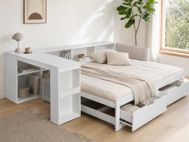  Lit multifonction en forme de l –  avec tiroirs sous le lit et étagères ouvertes, tête de lit rembourrées – lit de jour en bois et mdf  - Conforama B