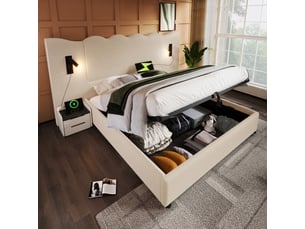 Lit double rembourré 180x200 cm avec table de nuit et lampe et usb-c, lit coffre avec sommier bois massif, velours, beige-blanc