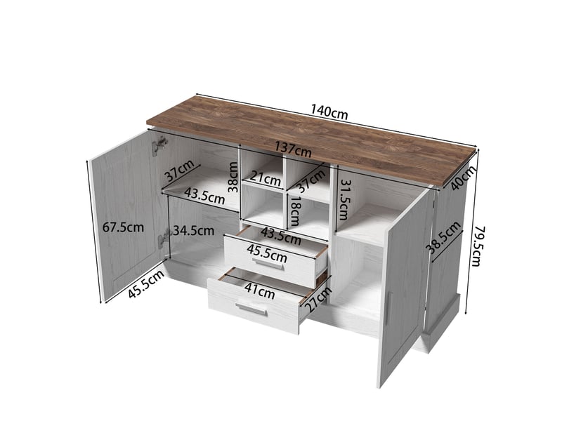  Buffet 140 x 40 x 79,5 cm blanc et brun, panneaux de particules, 2 portes, 2 tiroirs, 4 niches de rangement  - Conforama C
