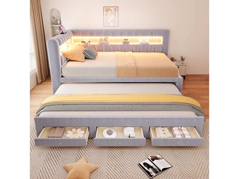  Lit banquette rembourré - 90x190 cm - convertible - tiroirs de rangement - rangements intégrés - éclairage led - gris clair CozyNest - Conforama C