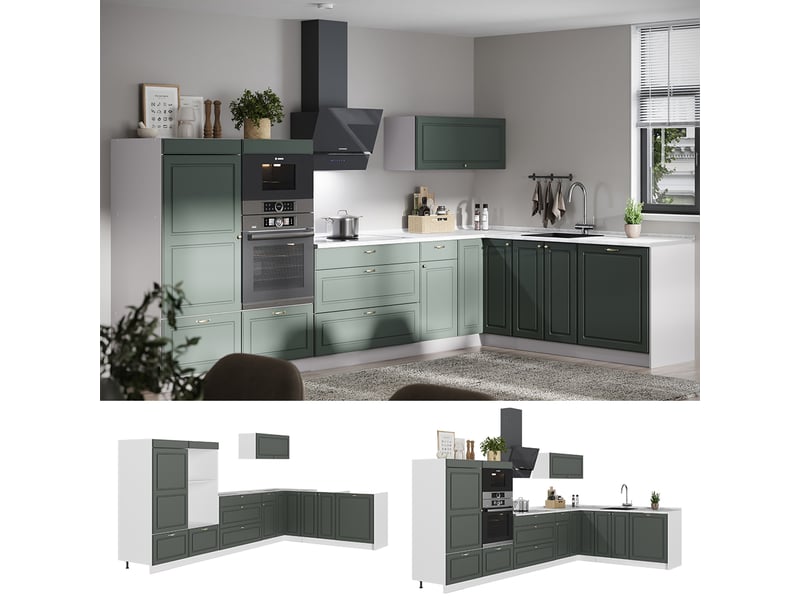  Vicco cuisine en angle, vert or campagneblanc, 347x60cm, pt chêne  - Conforama D