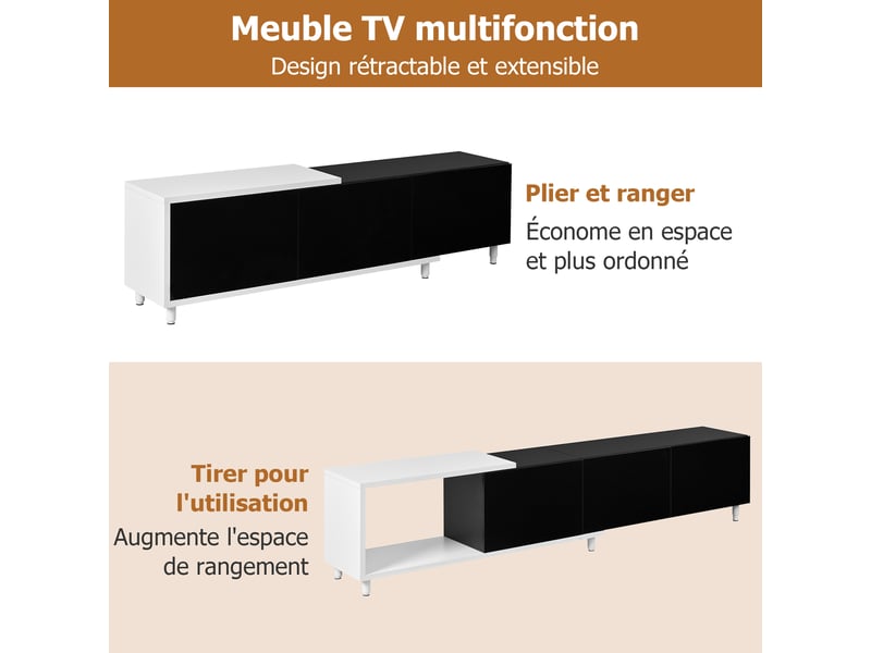  Meuble tv extensible avec 3 portes laquées brillantes, pieds métalliques, charnières silencieuses, noir et blanc  - Conforama D