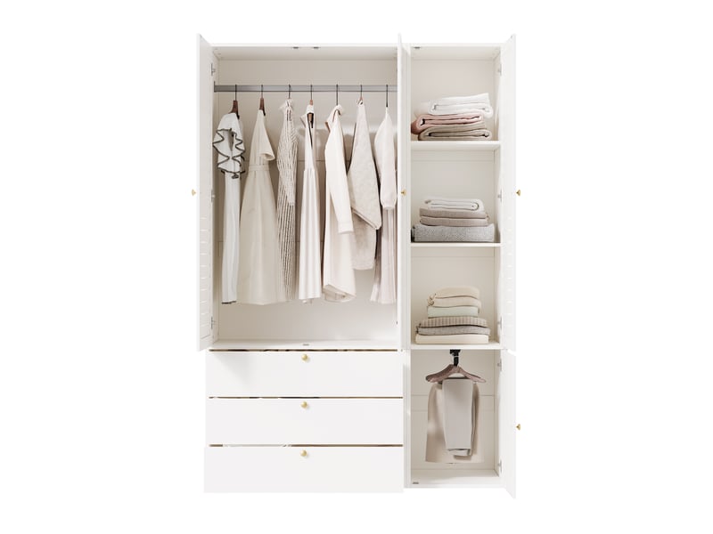  Armoire 3 portes avec persiennes blanches 135x50x200 cm - 3 tiroirs, 2 penderies et porte-pantalons  - Conforama A