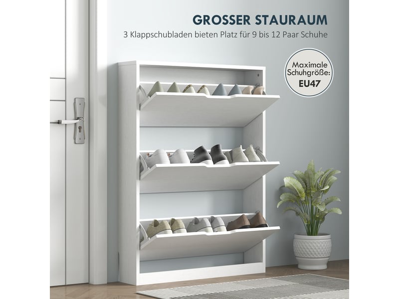  Meuble à chaussures à 3 tiroirs abattants, pouvant contenir jusqu'à 12 paires de chaussures, en aggloméré, 80 x 17 x 108 cm, blanc  - Conforama E