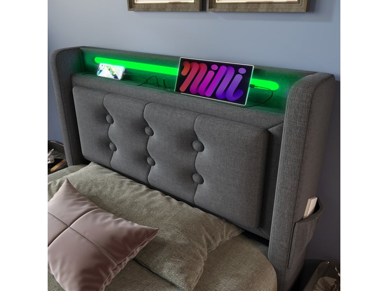  Lit coffre 90 × 200 cm 1 place avec led, usb et type-c, rangement, matelas inclus, tissu gris  - Conforama E