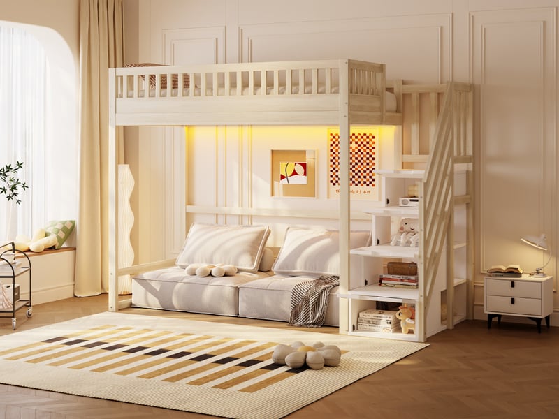 Lit mezzanine 90x200 cm,escalier réversible avec rangement, garde-corps, éclairage led et espace libre, pin,naturel  - Conforama B