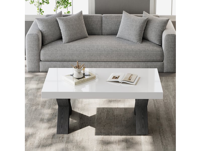  Table basse rectangulaire avec piétement en x, plateau blanc brillant, pour salon, en mdf noir et blanc, 100 × 50 × 40 cm  - Conforama C