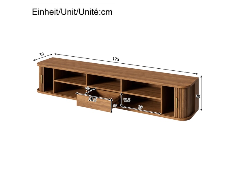  Meuble tv mural avec 2 portes coulissantes, tiroir, étagères réglables, led pour salon, mdf noyer, 175 × 30 × 30 cm  - Conforama D
