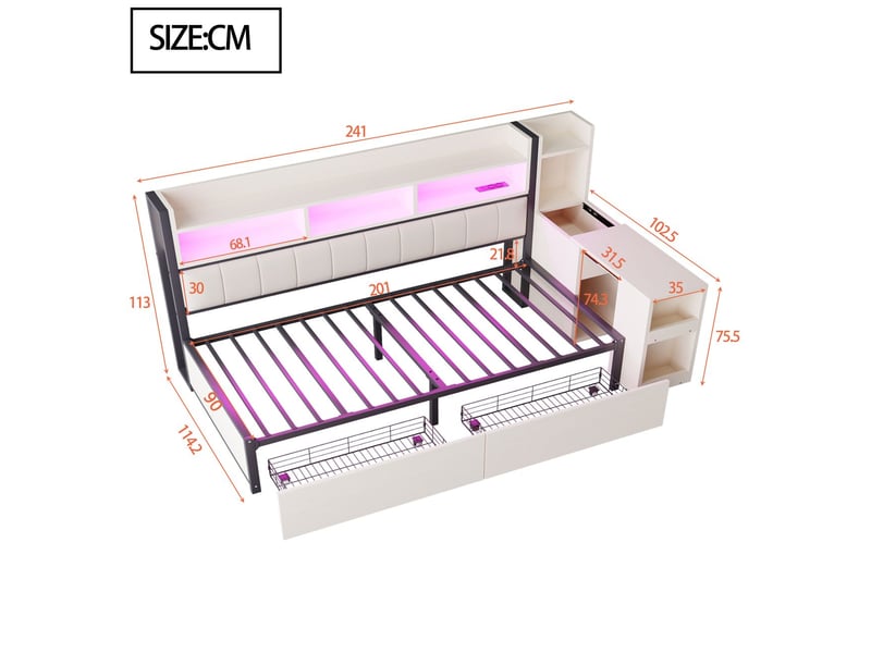 Lit banquette 90x200 cm avec bureau et 2 grands tiroirs - lit coffre - prises intégrées, led et rangements cachés, blanc - Conforama C
