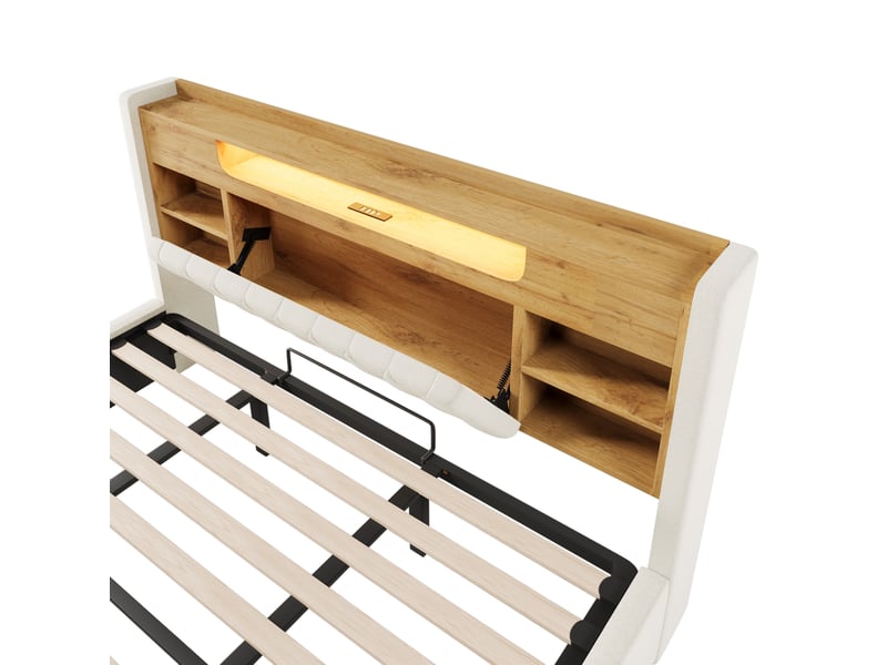 Cadre de lit 180x200 cm en lin avec coffre hydraulique, led et ports usbusb-c beige chicfurn - Conforama E