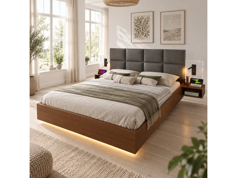  Lit double 180x200 cm en aspect noyer avec tête de lit en lin gris, tables de chevet suspendues, led et usb-ausb-c.  - Conforama B