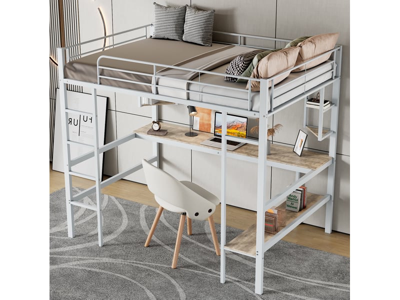 Lit mezzanine 90x200 cm avec bureau et étagères en métal et mdf blanc - Conforama D