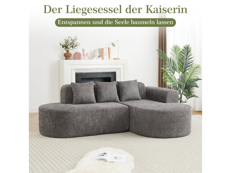  Canapé d’angle en l 3 places 222x157x73 cm avec méridienne droite, formes arrondies style wabi-sabi, 3 coussins dossier, chenille gris anthracite  - Conforama E