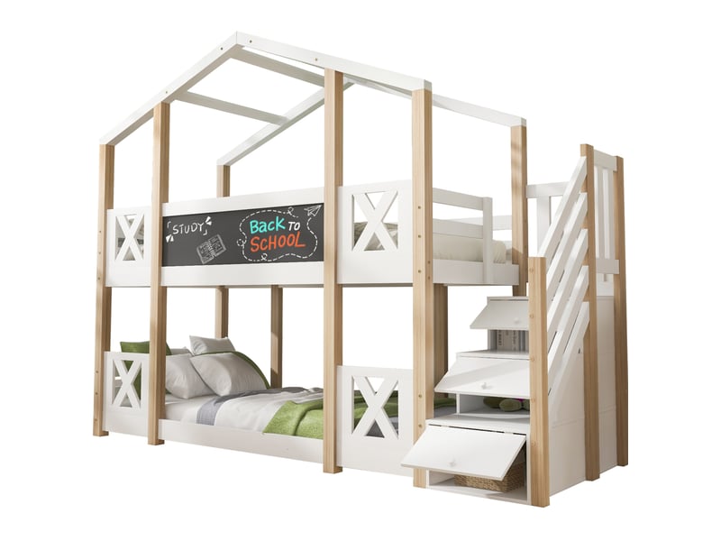 Lit superposé enfant 90 x 200 cm avec escalier de rangement et tableau, blanc naturel  - Conforama A