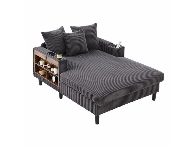  Chaise longue en velours côtelé avec grande surface de couchage, rangement, usb, led multicolore et porte-gobelets, gris foncé  - Conforama A