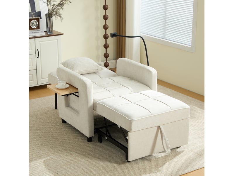  Fauteuil convertible deux en un avec dossier réglable, rangements, plateau et coussin en chenille beige  - Conforama C