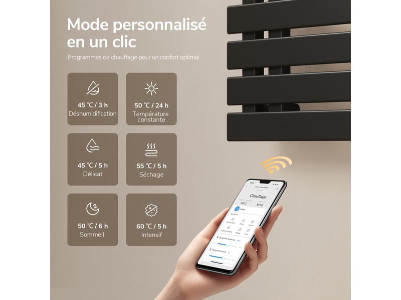 Sèche-serviettes électrique intelligent emke 1000 x 500 mm 320w, radiateur salle de bain connecté wifi, noir - Conforama D