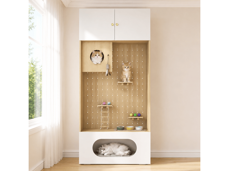  Meuble pour félins multifonction blanc et bois clair 90 x 50 x 200 cm, avec rangement et espace d’escalade  - Conforama B