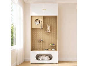 Meuble pour félins multifonction blanc et bois clair 90 x 50 x 200 cm, avec rangement et espace d’escalade