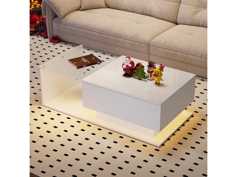  Table basse de salon blanche finition brillante avec plateau en verre et éclairage led - 1 tiroir - 100x50x32 cm  - Conforama B