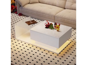 Table basse de salon blanche finition brillante avec plateau en verre et éclairage led - 1 tiroir - 100x50x32 cm
