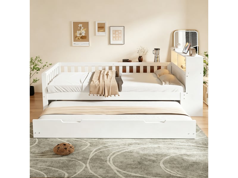 Lit gigogne avec rangement 90x200cm led usb et barrières sécurité - bois - blanc CozyNest - Conforama B