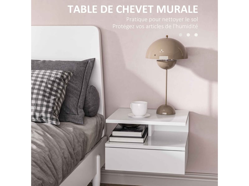  Lot de 2 tables de chevet murales tables de nuit tiroir coulissant, niche, 35 x 32 x 22,5 cm blanc, plateau  - Conforama A