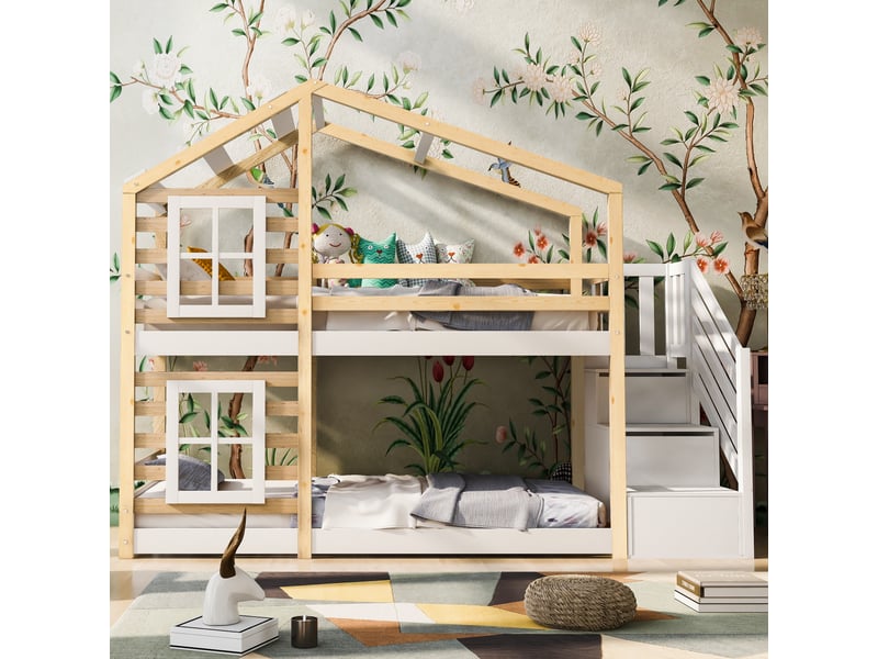  Lit superposé cabane 90 x 200 cm avec fenêtres, rangement et anti-chute, 2 sommiers, naturel et blanc, sans matelas  - Conforama C