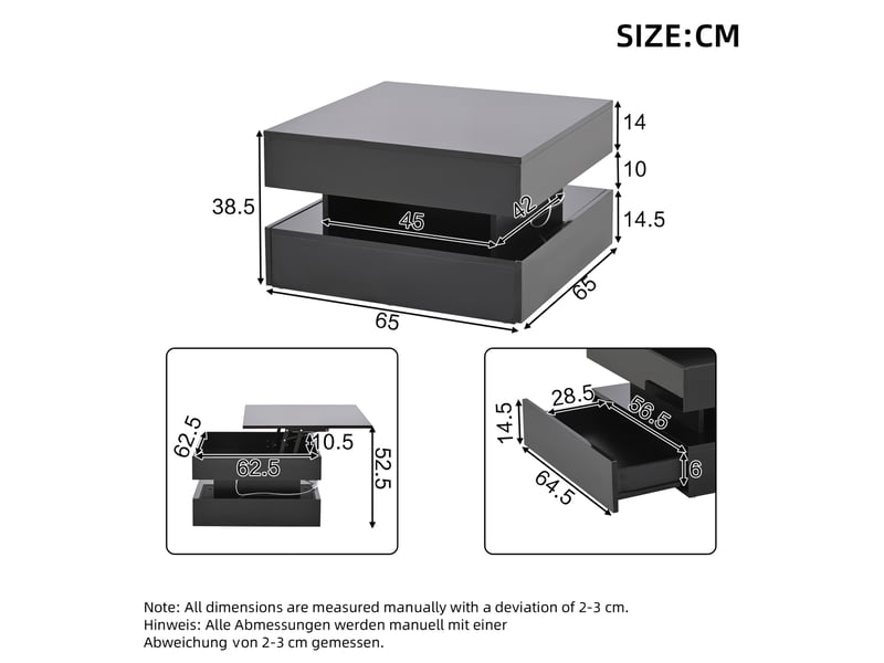  Table basse relevable avec 2 tiroirs, rangement dissimulé, led et plateau haute brillance, pour salon, 65 × 65 × 38,5 cm  - Conforama D