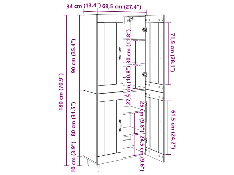 Haut armoire 2 pcs ; buffet haut ; meuble de rangement chêne artisanal 69,5 x 34 x 180 cm  - Conforama C